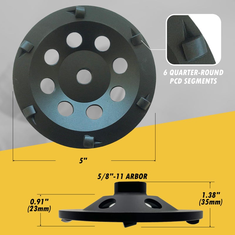 EDiamondTools 5" PCD Grinding Wheel for Epoxy, Glue, Mastic and Paint, 6 PCD Segments, 5/8"-11 Threaded Arbor - Image 4
